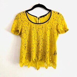 Lucca Couture Top XS Floral Lace Sheer Yellow Ochre